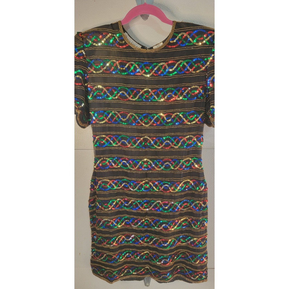 Night Vogue Vintage 100% Silk Sequin Mini Dress‎ Black Multicolor Beaded Size L